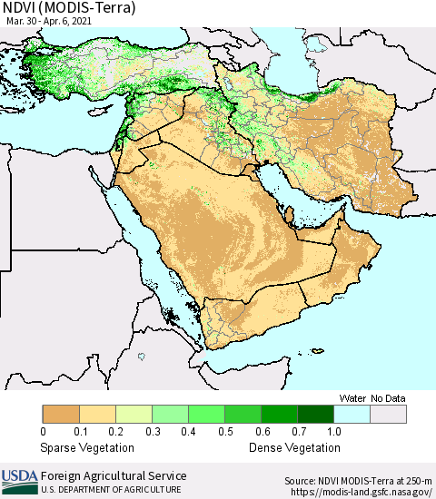 Middle East and Turkey NDVI (Terra-MODIS) Thematic Map For 4/1/2021 - 4/10/2021