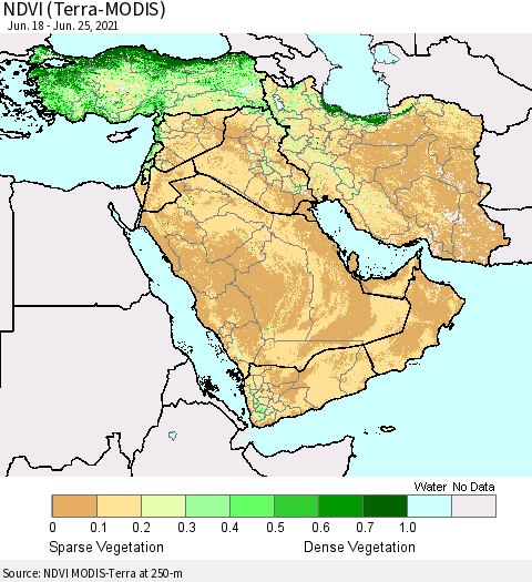 Middle East and Turkey NDVI (Terra-MODIS) Thematic Map For 6/18/2021 - 6/25/2021