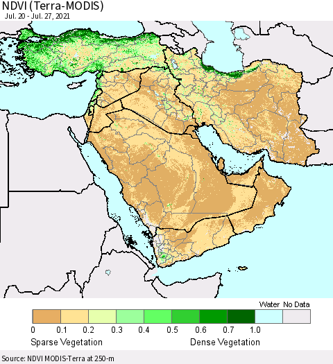 Middle East and Turkey NDVI (Terra-MODIS) Thematic Map For 7/20/2021 - 7/27/2021