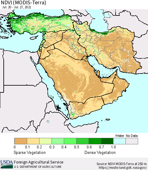 Middle East and Turkey NDVI (MODIS-Terra) Thematic Map For 7/21/2021 - 7/31/2021