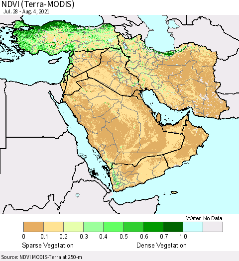Middle East and Turkey NDVI (Terra-MODIS) Thematic Map For 7/28/2021 - 8/4/2021