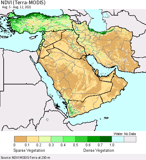 Middle East and Turkey NDVI (Terra-MODIS) Thematic Map For 8/5/2021 - 8/12/2021