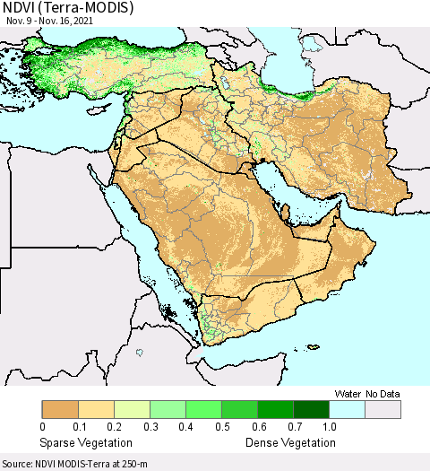 Middle East and Turkey NDVI (Terra-MODIS) Thematic Map For 11/9/2021 - 11/16/2021