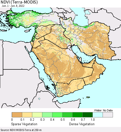 Middle East and Turkey NDVI (Terra-MODIS) Thematic Map For 1/1/2022 - 1/8/2022