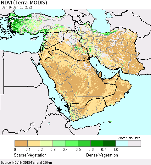 Middle East and Turkey NDVI (Terra-MODIS) Thematic Map For 1/9/2022 - 1/16/2022