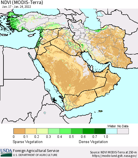 Middle East and Turkey NDVI (MODIS-Terra) Thematic Map For 1/21/2022 - 1/31/2022