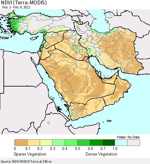 Middle East and Turkey NDVI (Terra-MODIS) Thematic Map For 2/2/2022 - 2/9/2022