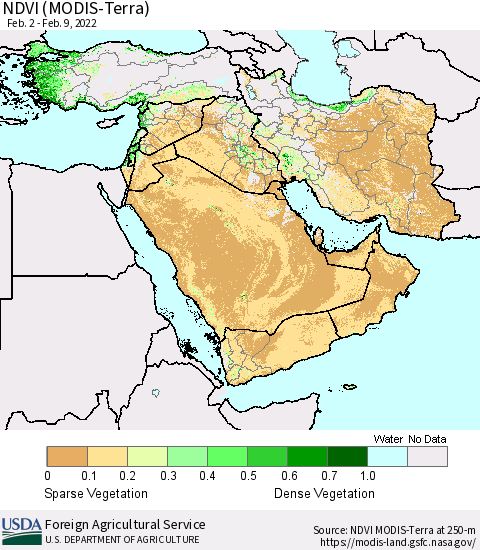 Middle East and Turkey NDVI (MODIS-Terra) Thematic Map For 2/1/2022 - 2/10/2022