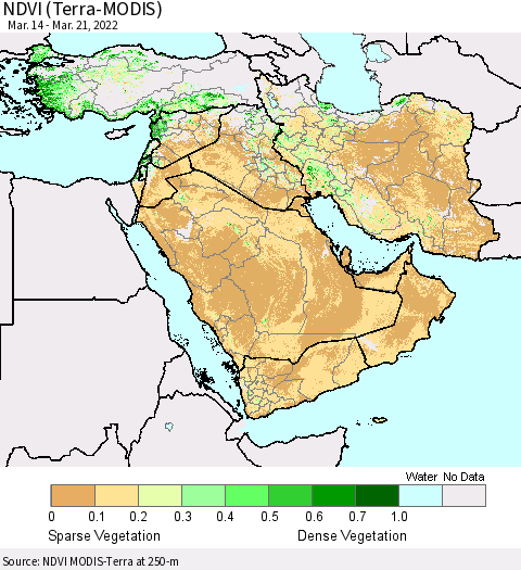 Middle East and Turkey NDVI (Terra-MODIS) Thematic Map For 3/14/2022 - 3/21/2022
