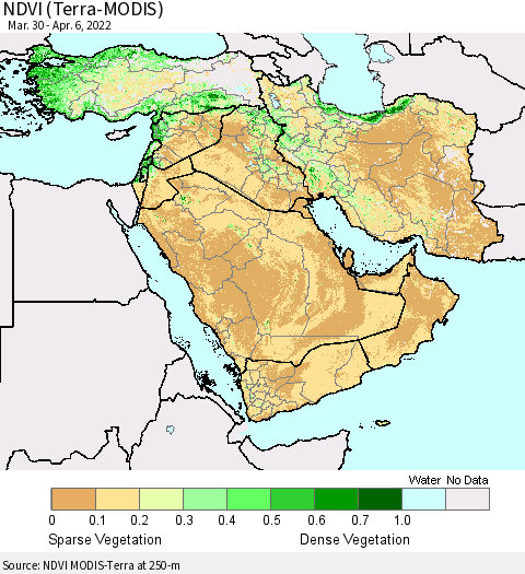 Middle East and Turkey NDVI (Terra-MODIS) Thematic Map For 3/30/2022 - 4/6/2022