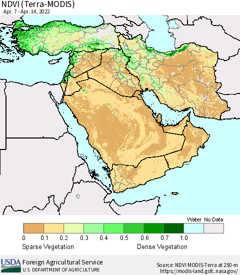Middle East and Turkey NDVI (Terra-MODIS) Thematic Map For 4/11/2022 - 4/20/2022