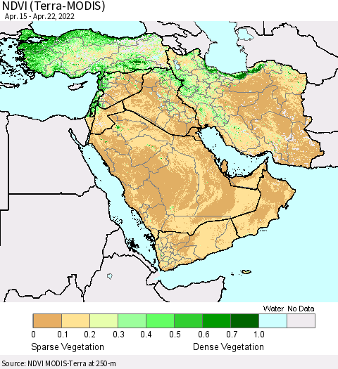 Middle East and Turkey NDVI (Terra-MODIS) Thematic Map For 4/15/2022 - 4/22/2022