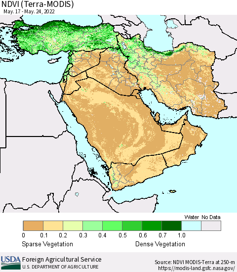 Middle East and Turkey NDVI (Terra-MODIS) Thematic Map For 5/21/2022 - 5/31/2022
