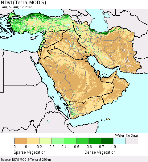 Middle East and Turkey NDVI (Terra-MODIS) Thematic Map For 8/5/2022 - 8/12/2022