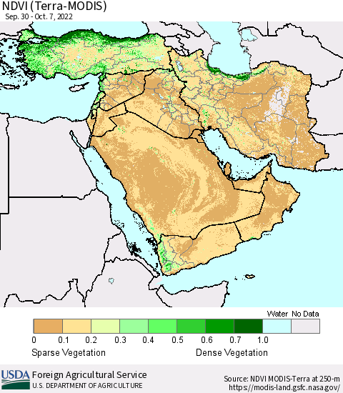 Middle East and Turkey NDVI (Terra-MODIS) Thematic Map For 10/1/2022 - 10/10/2022