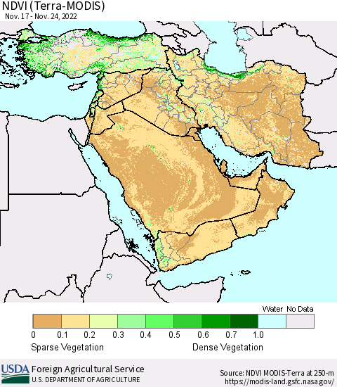 Middle East and Turkey NDVI (Terra-MODIS) Thematic Map For 11/21/2022 - 11/30/2022