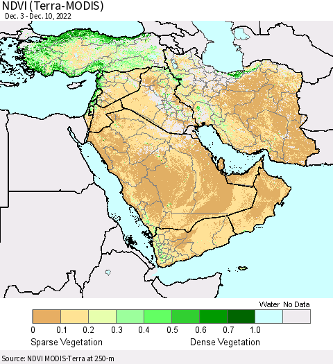 Middle East and Turkey NDVI (Terra-MODIS) Thematic Map For 12/3/2022 - 12/10/2022