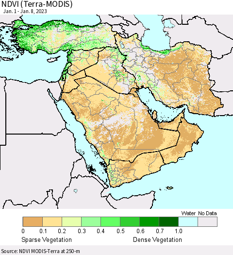 Middle East and Turkey NDVI (Terra-MODIS) Thematic Map For 1/1/2023 - 1/8/2023