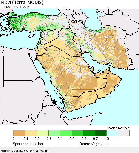 Middle East and Turkey NDVI (Terra-MODIS) Thematic Map For 1/9/2023 - 1/16/2023