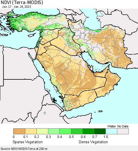 Middle East and Turkey NDVI (Terra-MODIS) Thematic Map For 1/17/2023 - 1/24/2023