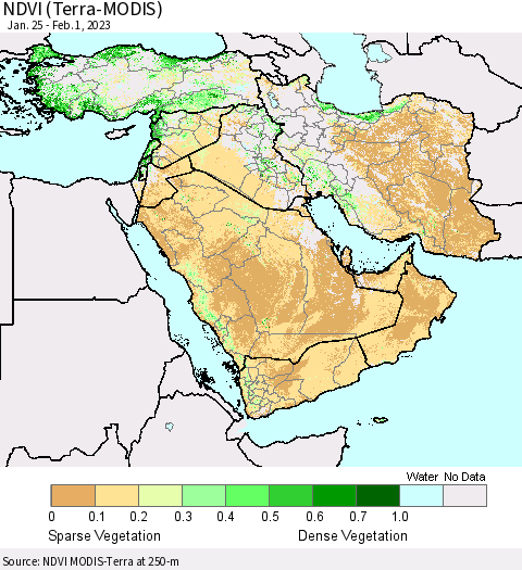 Middle East and Turkey NDVI (Terra-MODIS) Thematic Map For 1/25/2023 - 2/1/2023