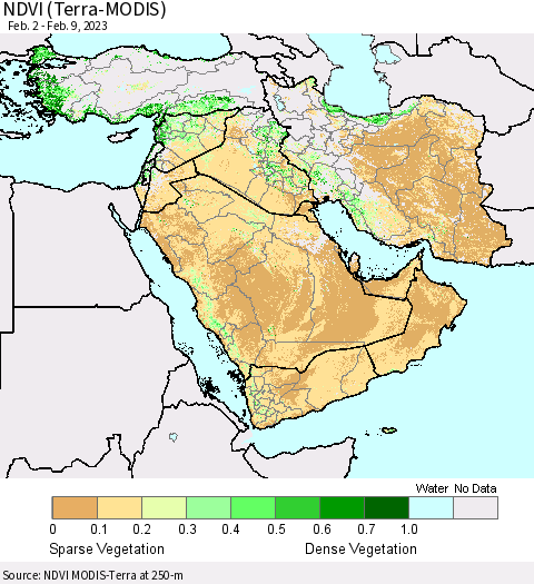Middle East and Turkey NDVI (Terra-MODIS) Thematic Map For 2/2/2023 - 2/9/2023