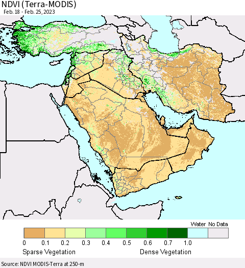 Middle East and Turkey NDVI (Terra-MODIS) Thematic Map For 2/18/2023 - 2/25/2023