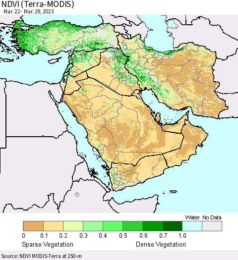 Middle East and Turkey NDVI (Terra-MODIS) Thematic Map For 3/22/2023 - 3/29/2023