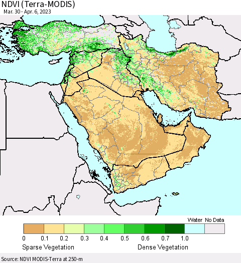 Middle East and Turkey NDVI (Terra-MODIS) Thematic Map For 3/30/2023 - 4/6/2023