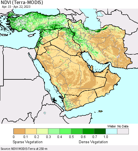 Middle East and Turkey NDVI (Terra-MODIS) Thematic Map For 4/15/2023 - 4/22/2023
