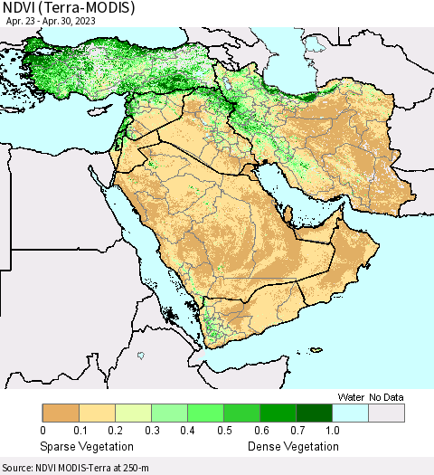 Middle East and Turkey NDVI (Terra-MODIS) Thematic Map For 4/23/2023 - 4/30/2023