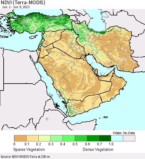 Middle East and Turkey NDVI (Terra-MODIS) Thematic Map For 6/2/2023 - 6/9/2023