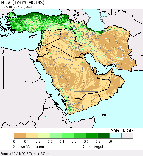 Middle East and Turkey NDVI (Terra-MODIS) Thematic Map For 6/18/2023 - 6/25/2023