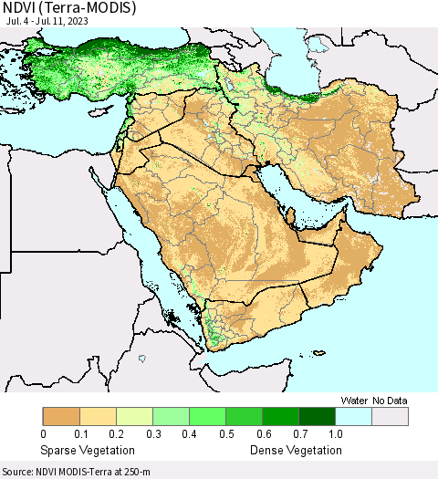 Middle East and Turkey NDVI (Terra-MODIS) Thematic Map For 7/4/2023 - 7/11/2023