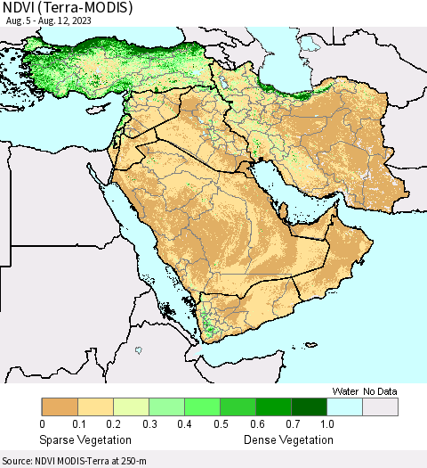 Middle East and Turkey NDVI (Terra-MODIS) Thematic Map For 8/5/2023 - 8/12/2023