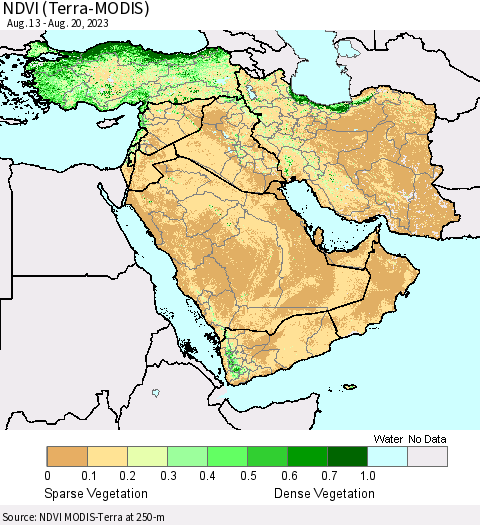 Middle East and Turkey NDVI (Terra-MODIS) Thematic Map For 8/13/2023 - 8/20/2023