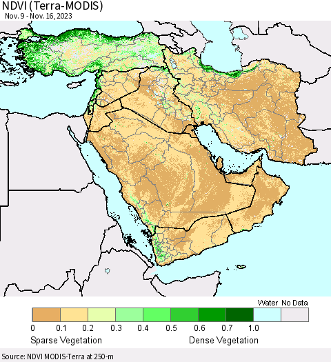 Middle East and Turkey NDVI (Terra-MODIS) Thematic Map For 11/9/2023 - 11/16/2023