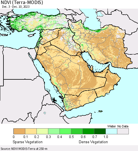 Middle East and Turkey NDVI (Terra-MODIS) Thematic Map For 12/3/2023 - 12/10/2023
