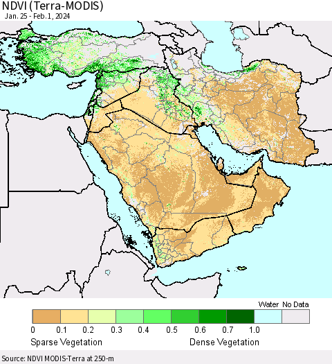 Middle East and Turkey NDVI (Terra-MODIS) Thematic Map For 1/25/2024 - 2/1/2024