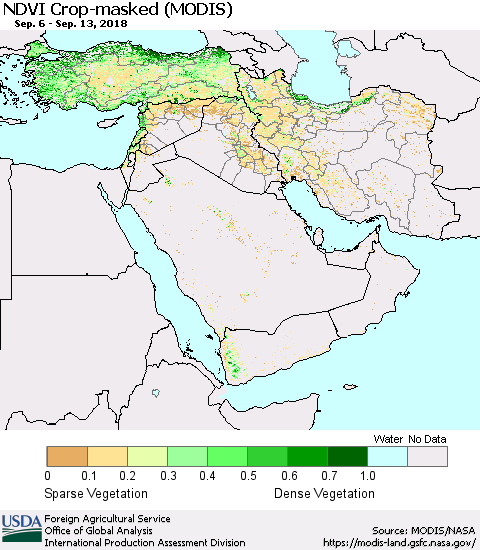 Middle East and Turkey Cropland NDVI (Terra-MODIS) Thematic Map For 9/11/2018 - 9/20/2018