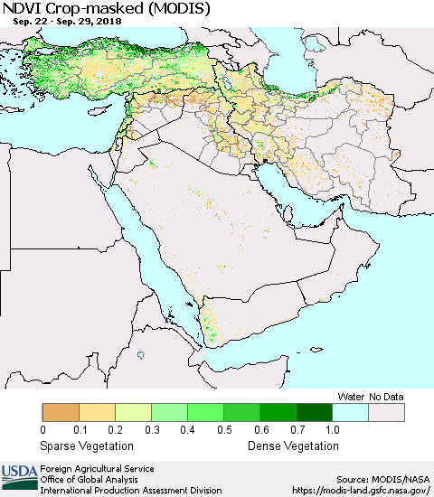 Middle East and Turkey Cropland NDVI (Terra-MODIS) Thematic Map For 9/21/2018 - 9/30/2018