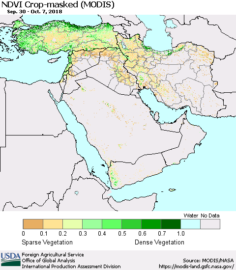 Middle East and Turkey Cropland NDVI (Terra-MODIS) Thematic Map For 10/1/2018 - 10/10/2018
