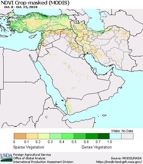 Middle East and Turkey Cropland NDVI (Terra-MODIS) Thematic Map For 10/11/2018 - 10/20/2018