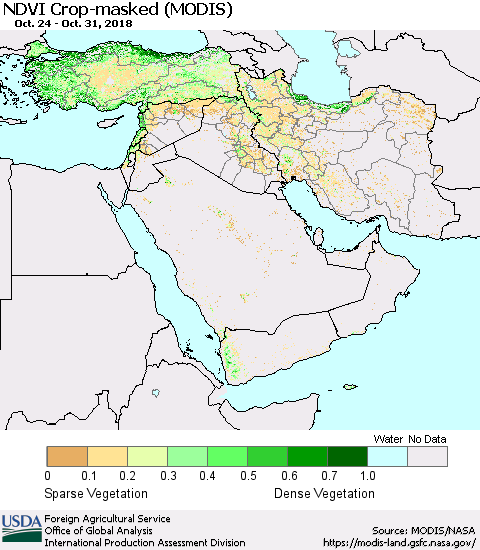 Middle East and Turkey Cropland NDVI (Terra-MODIS) Thematic Map For 10/21/2018 - 10/31/2018