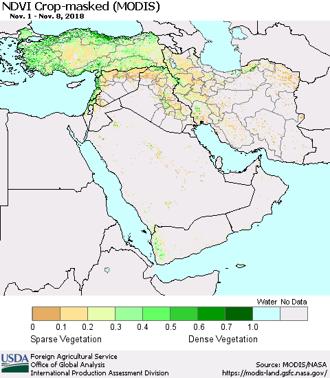 Middle East and Turkey Cropland NDVI (Terra-MODIS) Thematic Map For 11/1/2018 - 11/10/2018