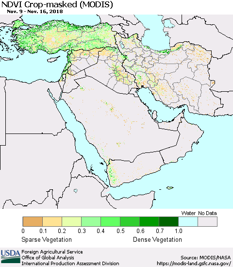 Middle East and Turkey Cropland NDVI (Terra-MODIS) Thematic Map For 11/11/2018 - 11/20/2018
