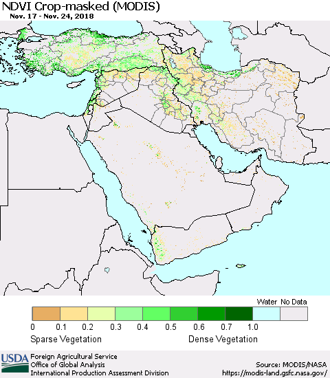 Middle East and Turkey Cropland NDVI (Terra-MODIS) Thematic Map For 11/21/2018 - 11/30/2018