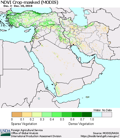 Middle East and Turkey Cropland NDVI (Terra-MODIS) Thematic Map For 12/1/2018 - 12/10/2018