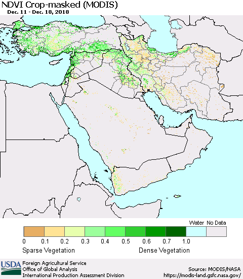 Middle East and Turkey Cropland NDVI (Terra-MODIS) Thematic Map For 12/11/2018 - 12/20/2018