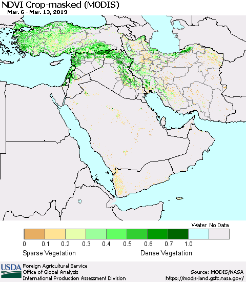 Middle East and Turkey Cropland NDVI (Terra-MODIS) Thematic Map For 3/11/2019 - 3/20/2019